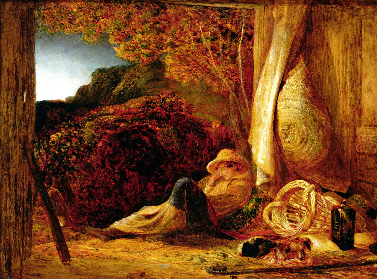 睡眠牧羊犬，1834年（纸上涂有油釉的蛋彩画，放在面板上） 作者 塞缪尔·帕尔默（Samuel Palmer）