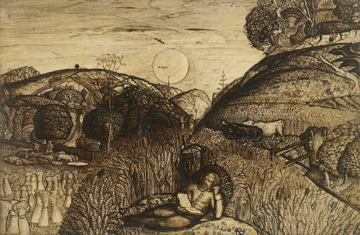 玉米谷厚1825年（笔和深棕色墨水与棕褐色的刷子混合阿拉伯树胶;涂漆） 作者 塞缪尔·帕尔默（Samuel Palmer）