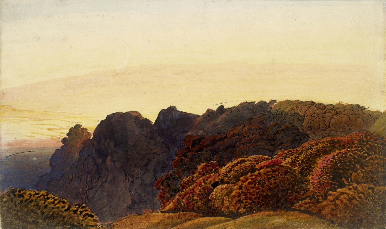 黄色暮色，1830年（笔和印度水墨，水彩和身体颜色和阿拉伯树胶，在灰白纸上） 作者 塞缪尔·帕尔默（Samuel Palmer）