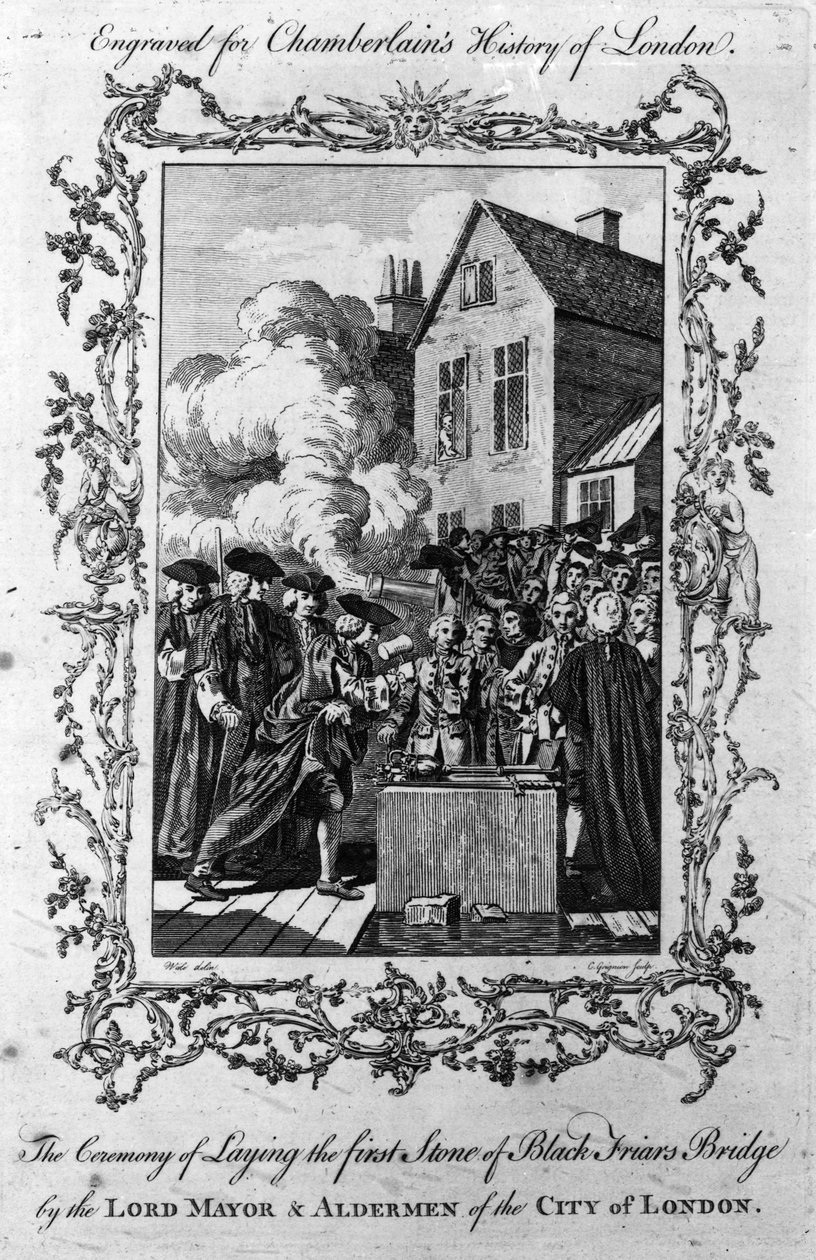 1760年由Charles Grignion雕刻的伦敦市长和市长Aldermen铺设Blackfriars桥的第一块石头的仪式 作者 塞缪尔·瓦尔