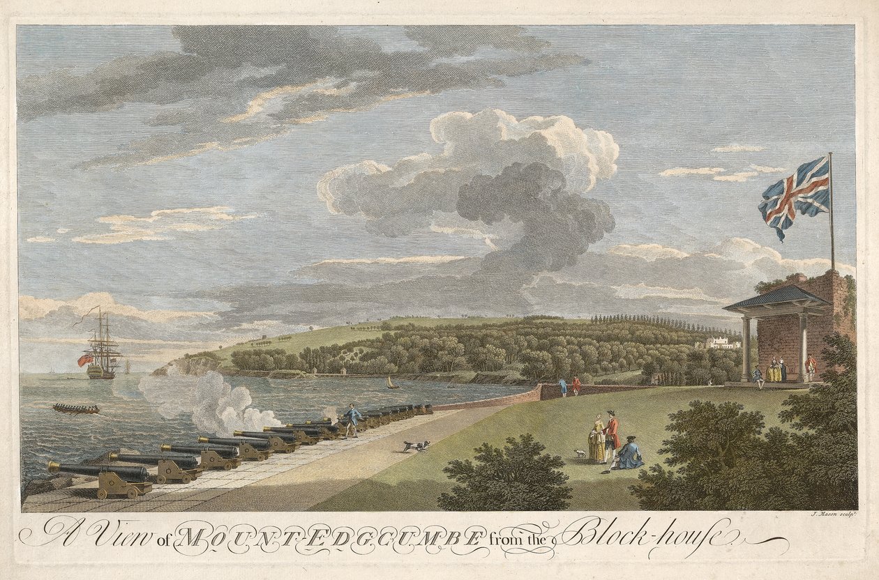 从Block House，酒吧观看Mount Edgcumbe。 1755年（手工彩色雕刻） 作者 塞缪尔之后和兰伯特·斯科特
