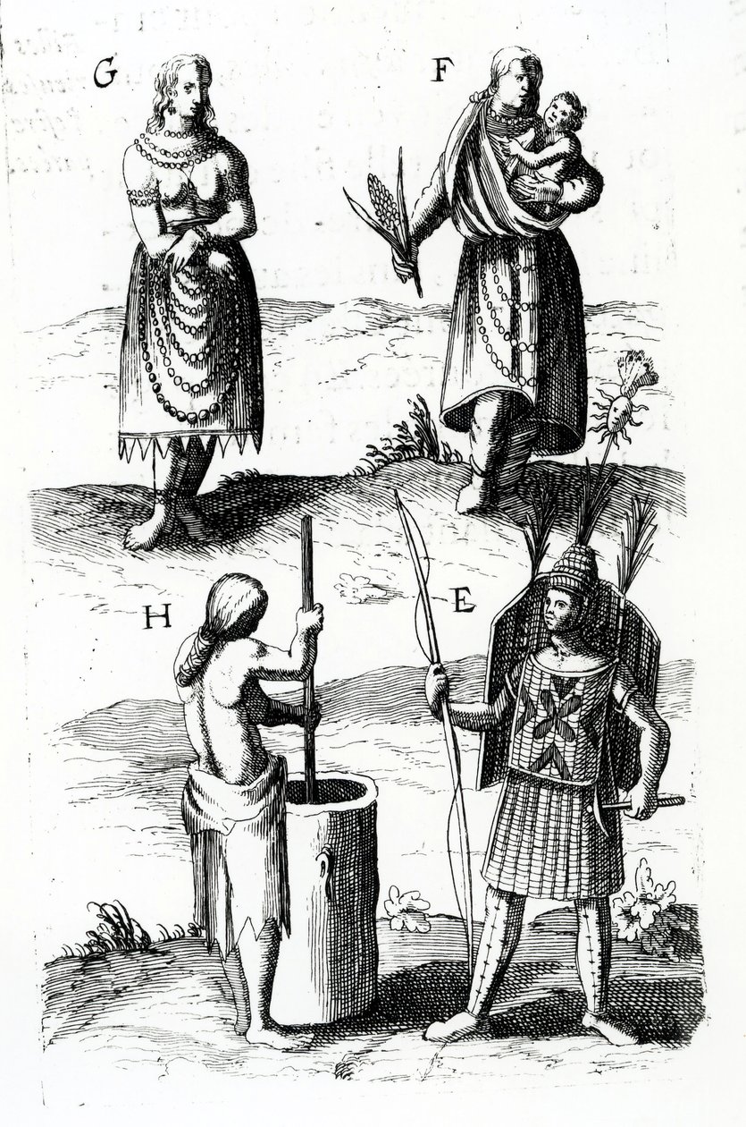 阿尔冈昆连衣裙的插图，雕刻来自Sieur de Champlain的航行，由Samuel de Champlain（约1574-1635），17世纪 作者 塞缪尔·德·尚普兰