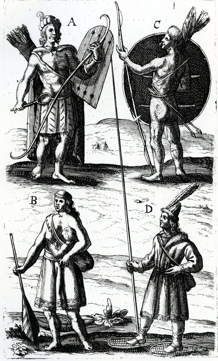 阿尔冈昆连衣裙的插图，雕刻来自Sieur de Champlain的航行，由Samuel de Champlain（约1574-1635），17世纪 作者 塞缪尔·德·尚普兰