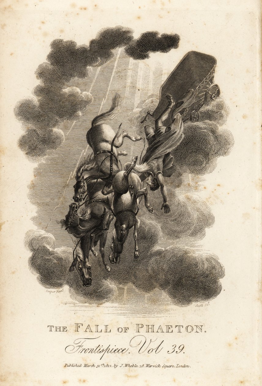 Allegorical illustration of Phaethon, son of Helios and the Oceanid Clymene, falling out of the sky while driving the Sun Chariot 作者 塞缪尔·库珀（后）