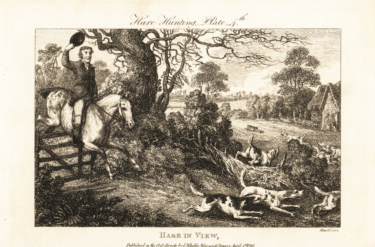Mounted huntsman jumping a fence after a pack of hounds chasing a hare 作者 塞缪尔·霍威特（之后）