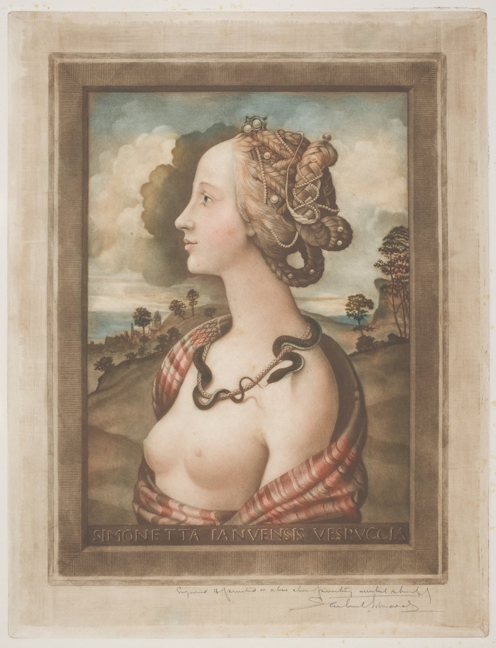 Simonetta Vespucci，c.1900（奶油色编织纸上的彩色mezzotint） 作者 塞缪尔·阿伦特·爱德华兹