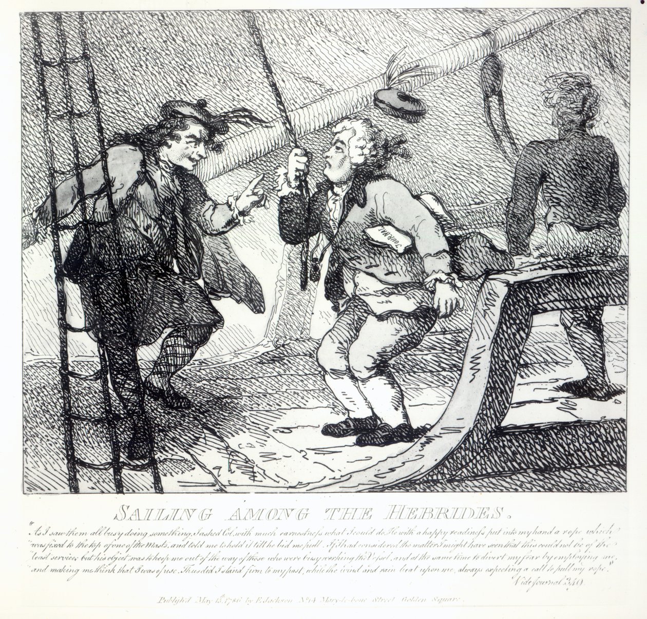 在1786年由托马斯·罗兰森（Thomas Rowlandson）蚀刻的“博斯韦尔风景如画的美女，第一部分”中航行于赫布里底群岛 作者 塞缪尔·科林斯