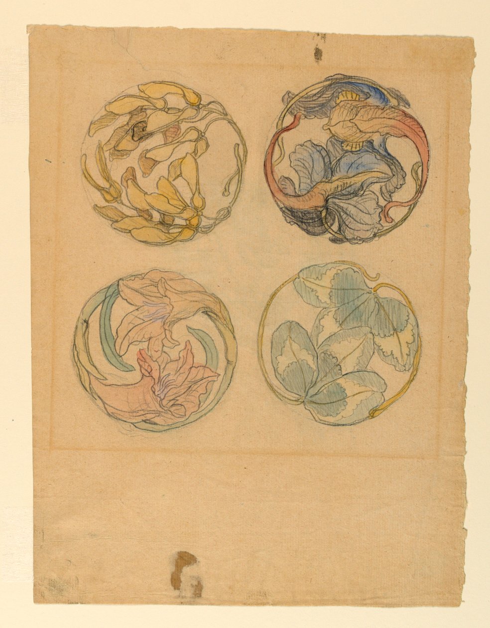 素描，花卉研究（四种圆形装饰品设计），1880-90 年 作者 塞缪尔·科尔曼（Samuel Colman）