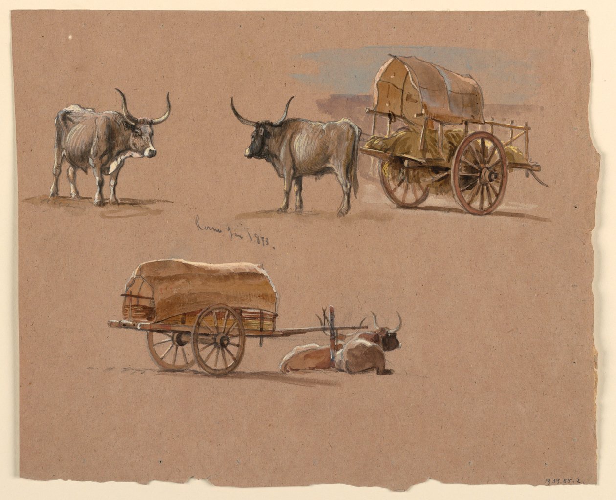 绘画，牛车，意大利罗马，1873 年 1 月 作者 塞缪尔·科尔曼（Samuel Colman）