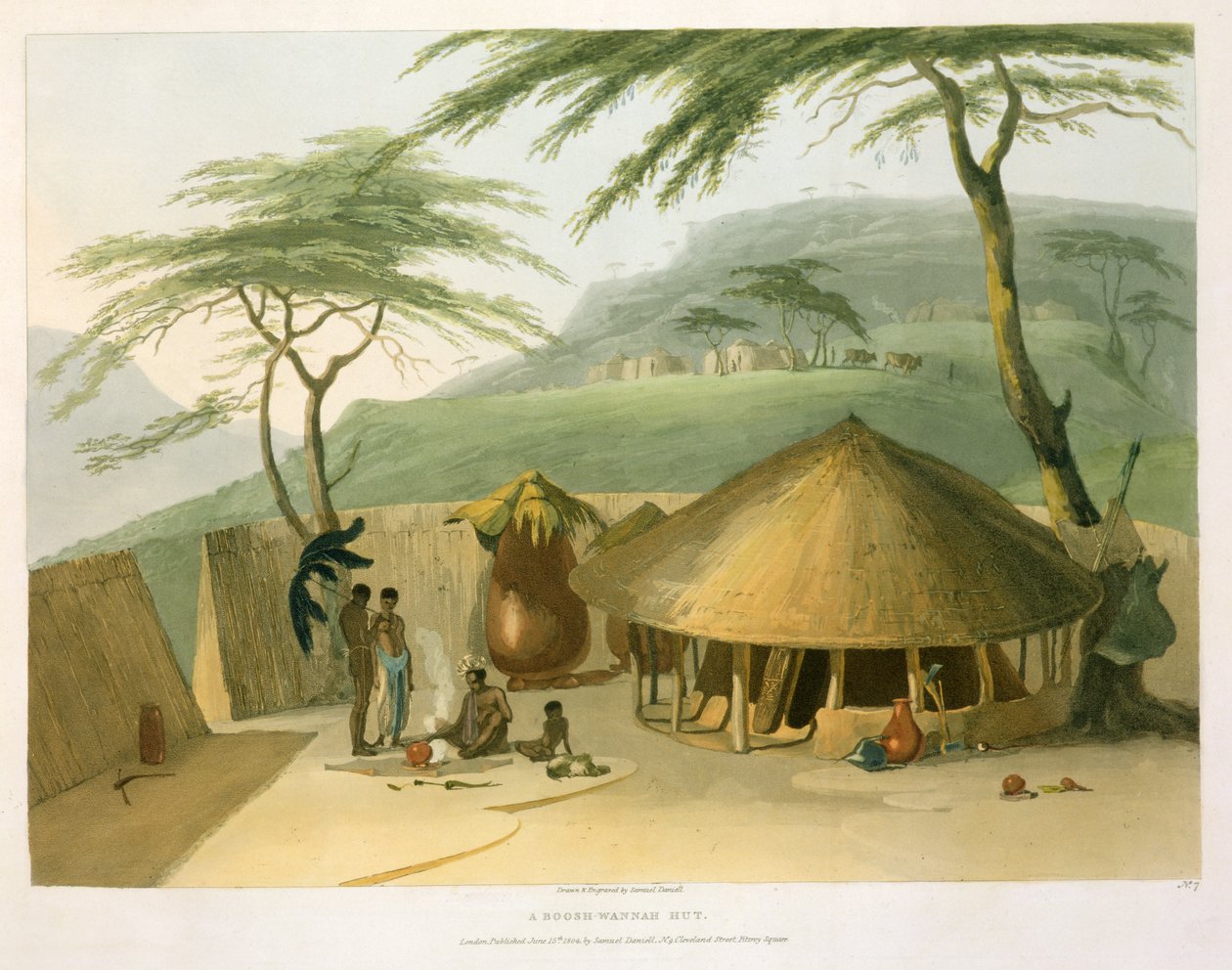 一个Boosh-Wannah Hut，来自&39;非洲风景和动物&39;的7号板，由艺术家雕刻，1804（aquatint） 作者 塞缪尔·丹尼尔