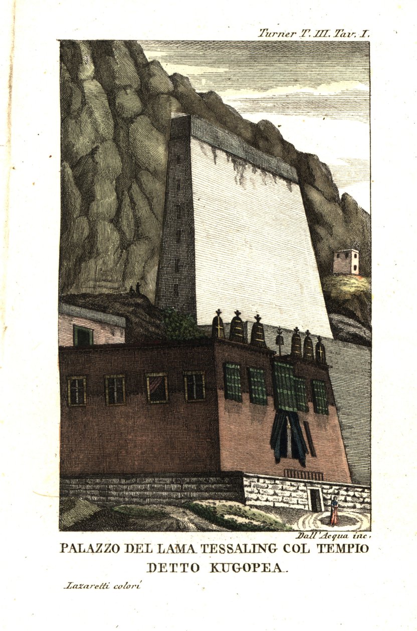泰萨林喇嘛的住所和名为库戈帕的宗教建筑。塞缪尔-戴维斯中尉的插图，摘自塞缪尔-特纳上尉（1759-1802 年）《1800 年使节团前往西藏德珠喇嘛宫廷的记述》。Dell