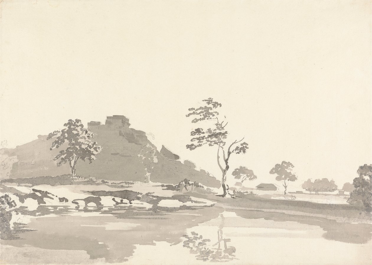 河景，中距离山上有一座堡垒 作者 塞缪尔·戴维斯（Samuel Davis）