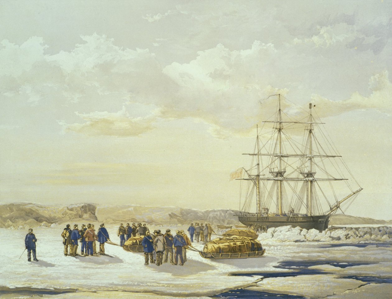 1853年4月15日，雪佛兰调查员离开HMS调查员，由E. Walker雕刻，由Ackermann und Co.出版，1854年 作者 塞缪尔·格尼·克雷斯韦尔