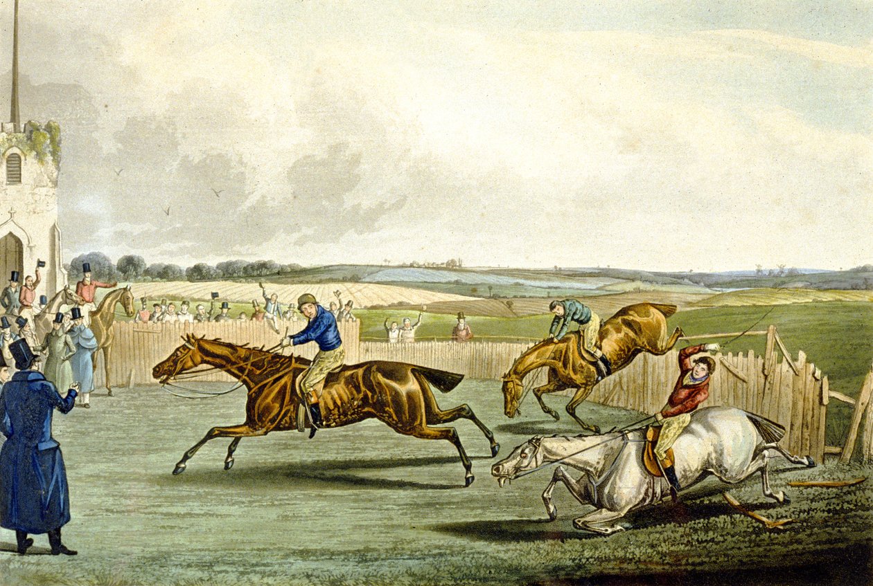 Forth Mile，来自Steeplechasing，由Charles Hunt（1829-1900）雕刻（彩色平印）。 作者 塞缪尔·亨利（后）阿尔肯