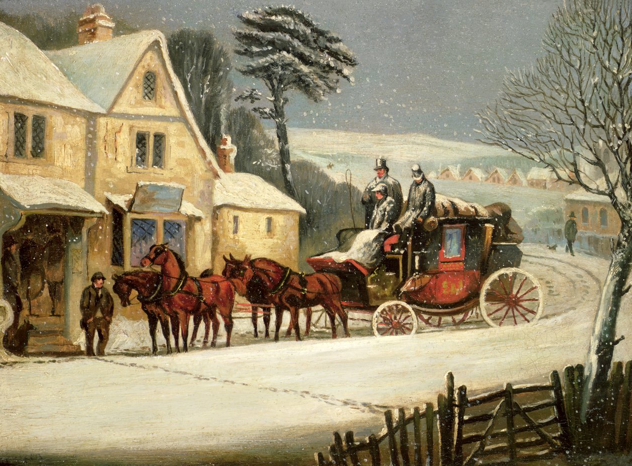 Winter Scene with the Royal Mail Halted at an Inn (oil on panel) 作者 塞缪尔·亨利·阿尔肯