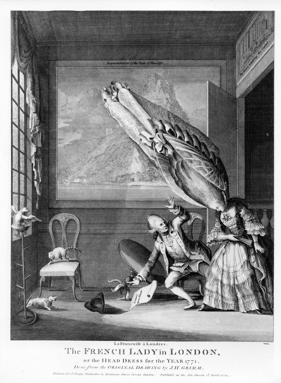 伦敦的法国女士或1771年的The Head Dress of the Year，1771年为S. Sledge打印 作者 塞缪尔（Samuel Hieronymous）格林