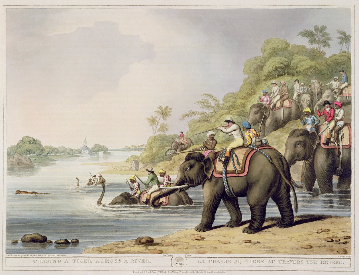 从东方体育运动，酒吧追逐一条横跨河的老虎。作者：Edward Orme，1807（印刷品） 作者 塞缪尔·豪威特