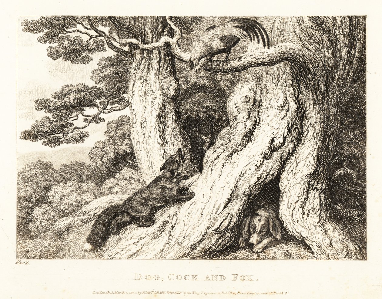 树上的公鸡智取狐狸，狗在睡觉。1811年（蚀刻版画） 作者 塞缪尔·豪伊特