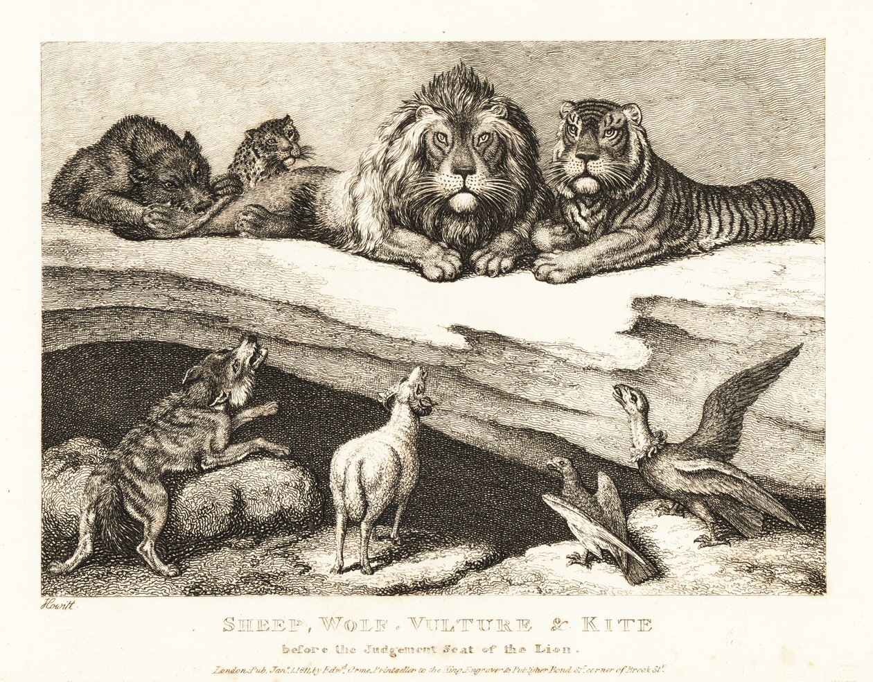 动物之间的法庭，狮子和老虎担任法官。1811年（蚀刻版画） 作者 塞缪尔·豪伊特