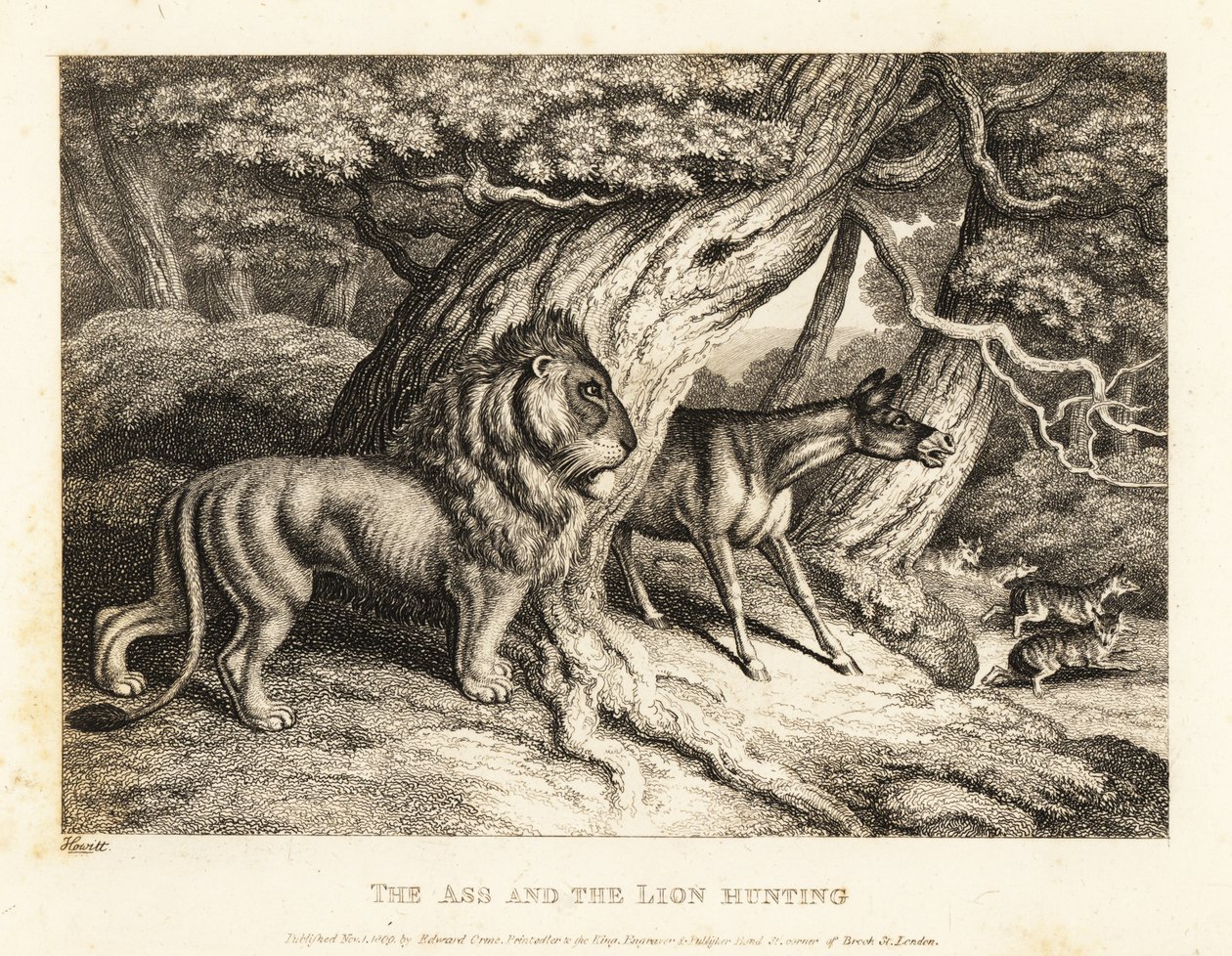 驴子与狮子一起狩猎时，会对猎物大声嘶叫。 1811（蚀刻） 作者 塞缪尔·豪伊特