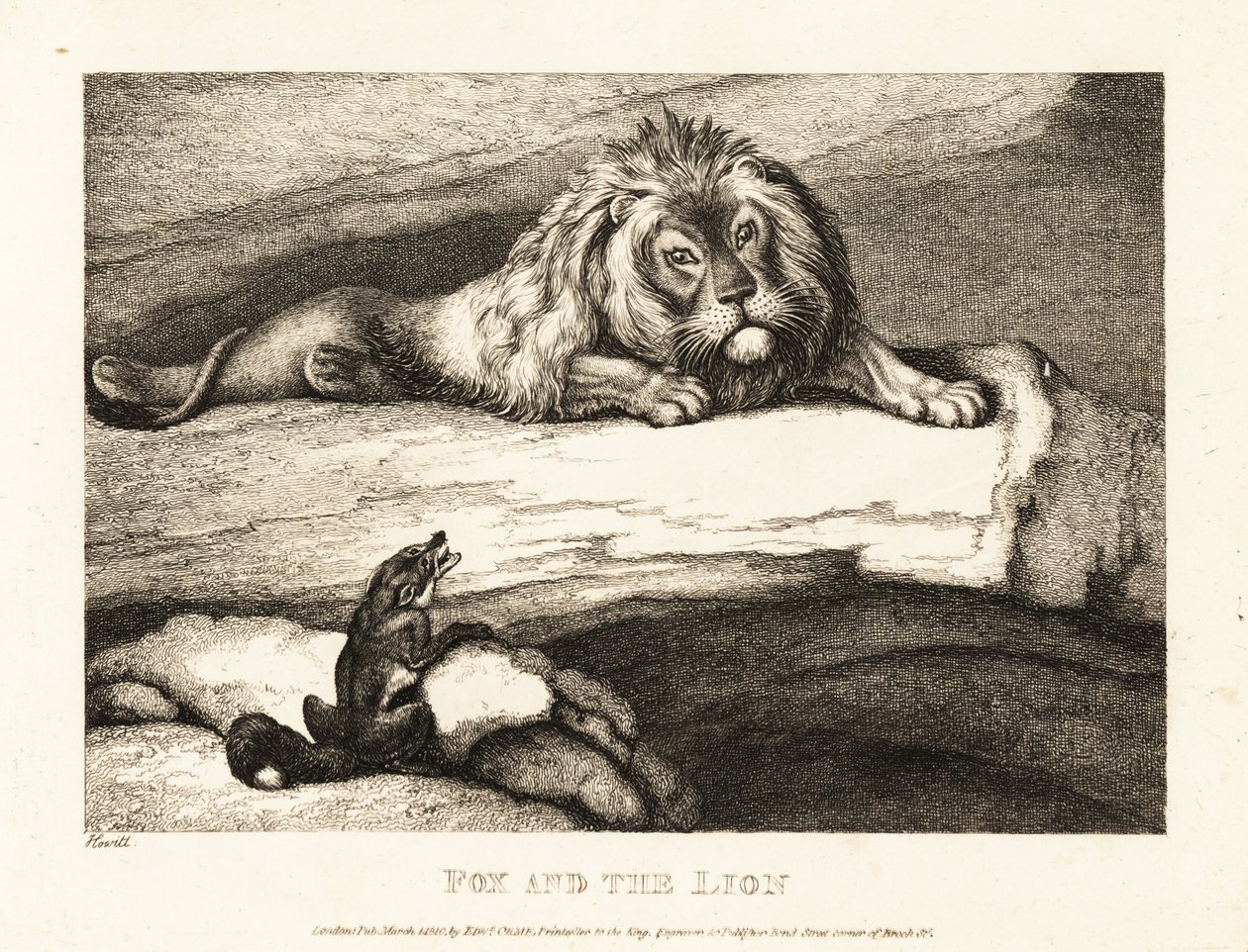 一只狐狸愚蠢地接近巢穴中的雄狮。1811年（蚀刻版画） 作者 塞缪尔·豪伊特