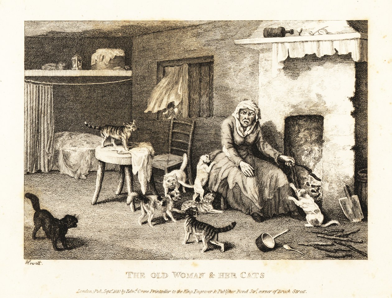 老巫婆坐在小屋里的壁炉旁，周围都是猫。1811（蚀刻版画） 作者 塞缪尔·豪伊特