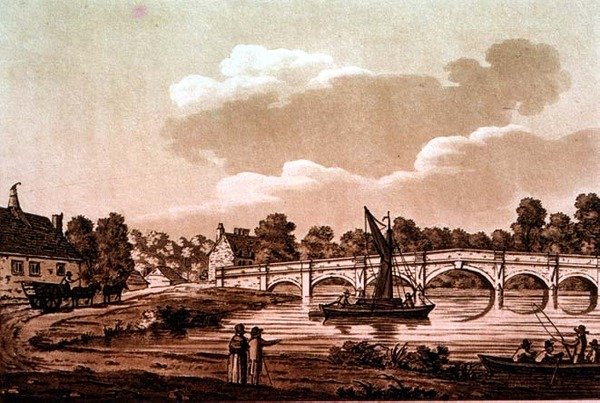切尔西桥，来自《泰晤士河的风景画》的插图，出版。1799年（蚀刻版，水印版）。 作者 塞缪尔爱尔兰