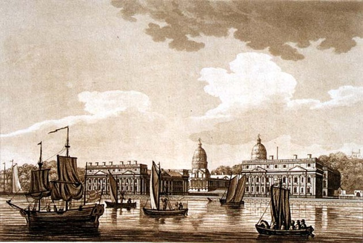 格林威治医院，来自《泰晤士河的风景画》的插图，出版。1799年（蚀刻版，水印版）。 作者 塞缪尔爱尔兰