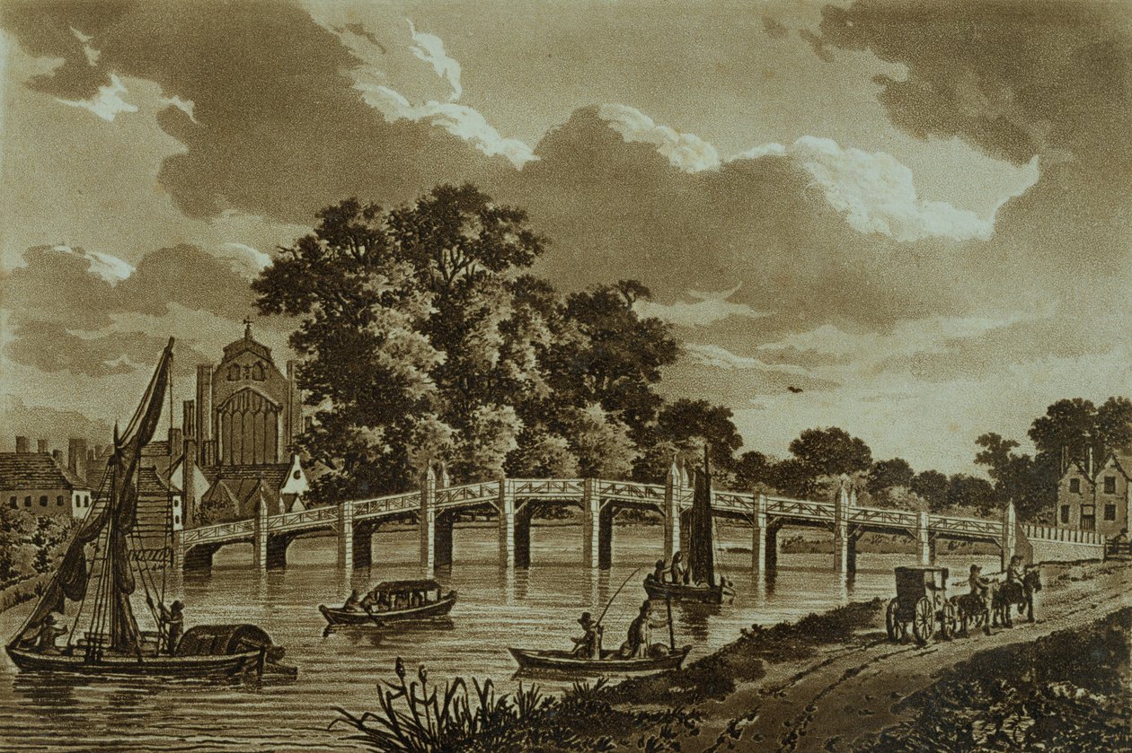 汉普顿宫桥，插图来自&39;泰晤士河的风景如画&39;，酒吧。 1799年（蚀刻，aquatint） 作者 塞缪尔爱尔兰