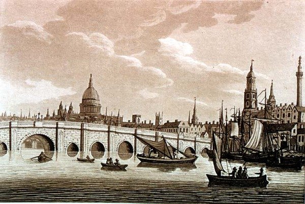 伦敦桥，来自《泰晤士河的风景画》的插图，出版。1799年（蚀刻版，水印版）。 作者 塞缪尔爱尔兰