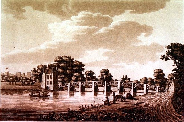 达切桥的东南景观，来自《泰晤士河的风景画》的插图，出版。1799年（蚀刻版，水印版）。 作者 塞缪尔爱尔兰