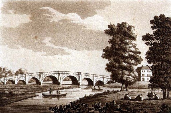 萨里郡沃尔顿桥，来自《泰晤士河风景画》的插图，出版。1799年（蚀刻版，水印版）。 作者 塞缪尔爱尔兰