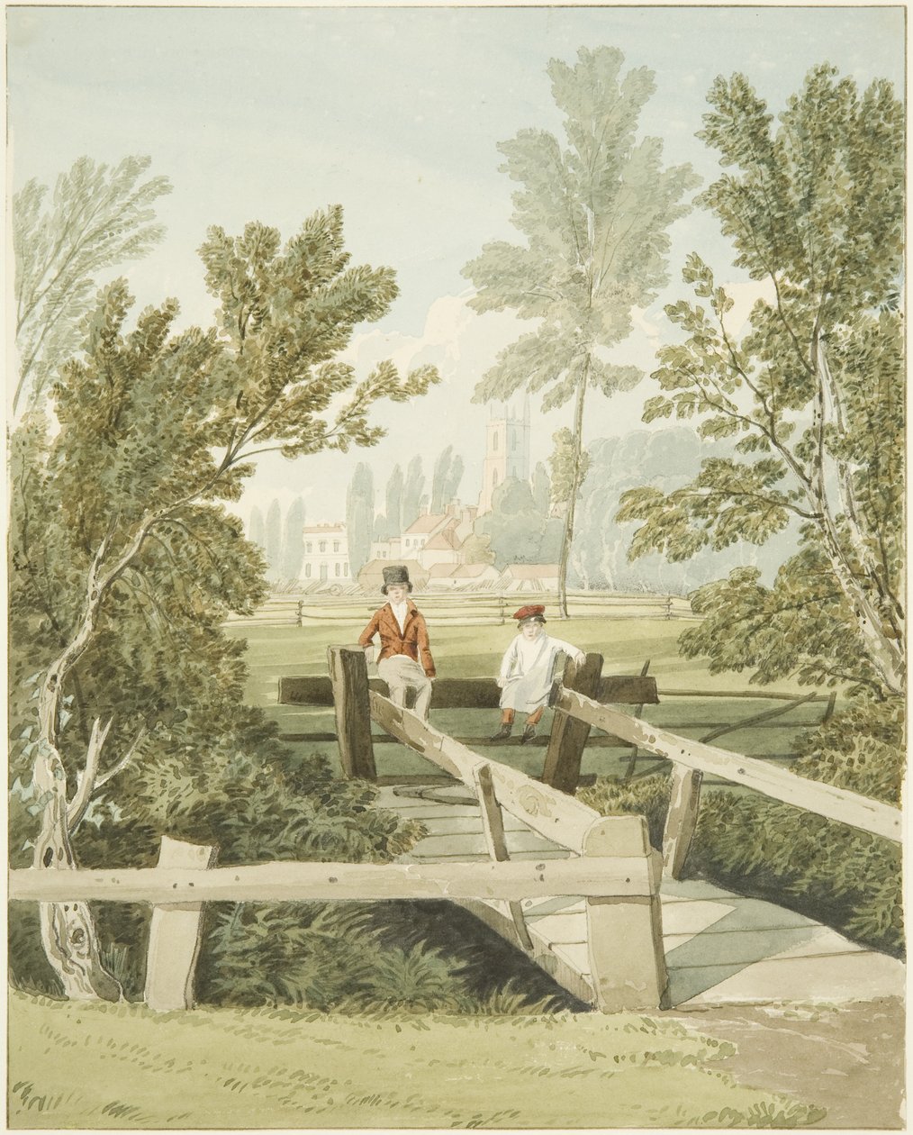 Brislington Brook 台阶上的两个男孩，约 1824 年（纸上铅笔和水彩） 作者 塞缪尔·杰克逊