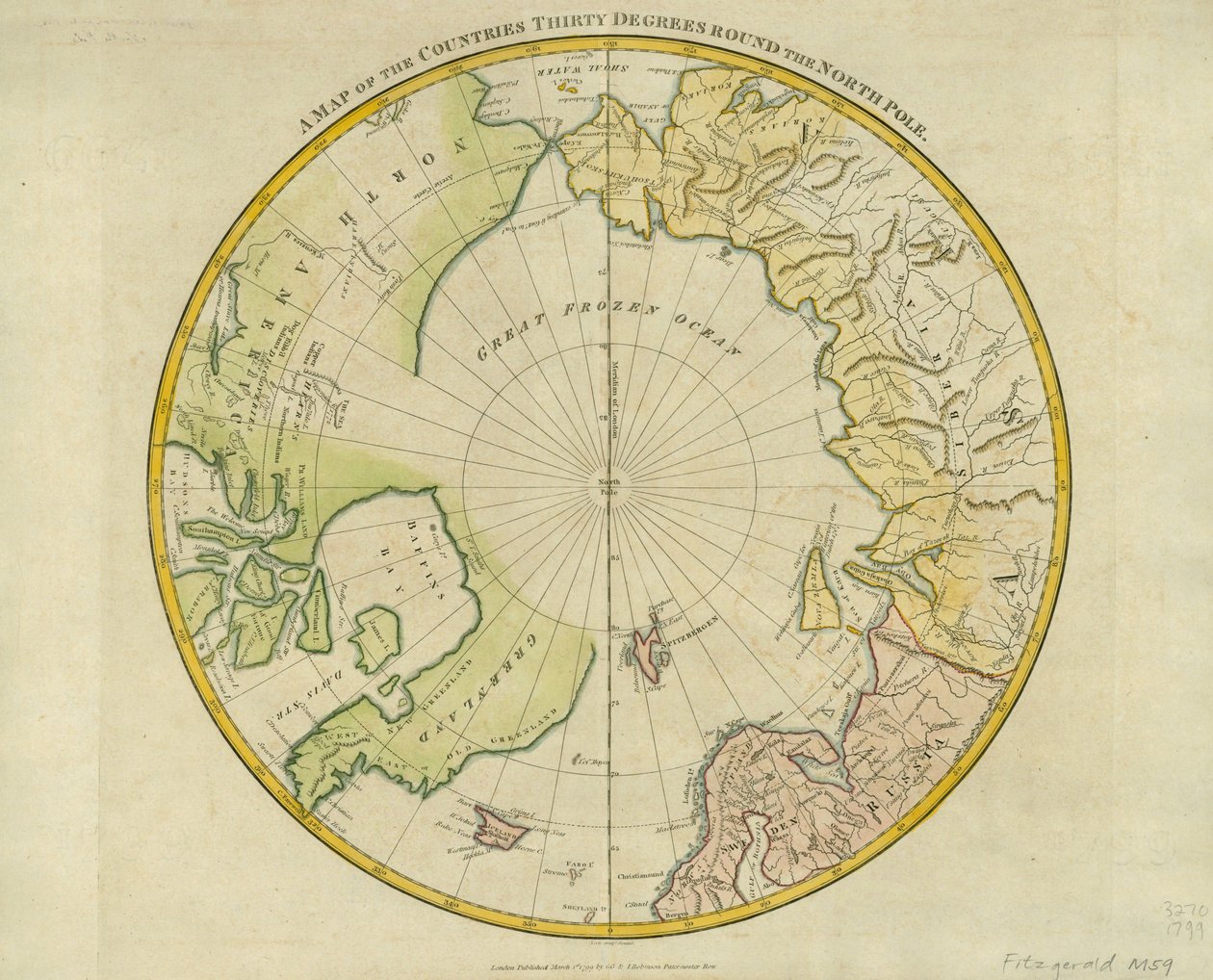 北极地区三十度地图，由“地图集到克鲁威尔的地名录”由克莱门特克鲁威尔（1743-1808）出版，伦敦，1799年 作者 塞缪尔·约翰·尼尔