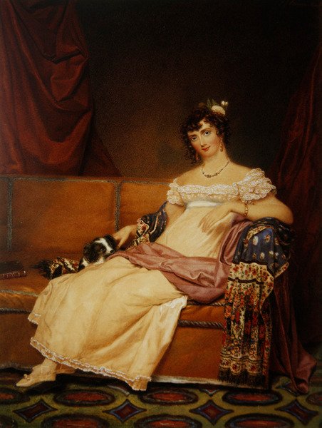沃特豪斯夫人和她的小猎犬坐在沙发上（纸上水彩画）。 作者 塞缪尔·约翰·史坦普