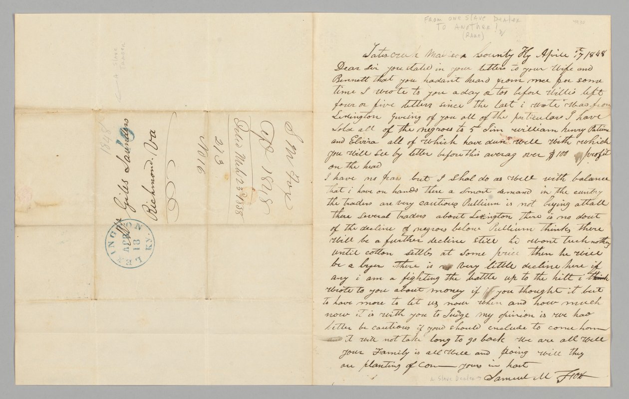 塞缪尔-M-福克斯就奴隶贸易问题给贾尔斯-桑德斯的信，1848年4月17日。 作者 塞缪尔·M·福克斯