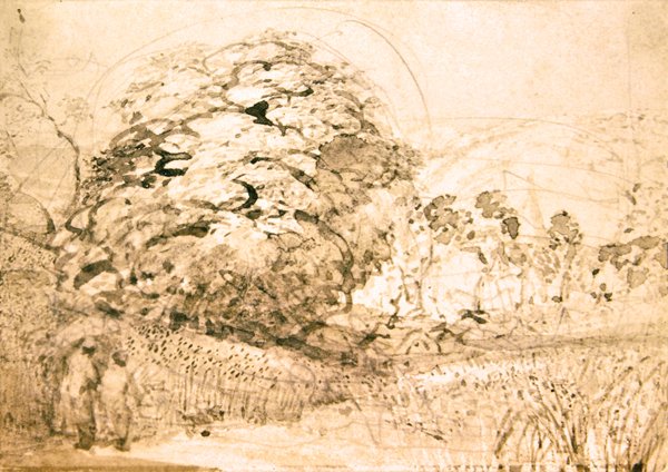 穿过玉米田的小路，约1832-33（纸上水彩）。 作者 塞缪尔·帕尔默（Samuel Palmer）