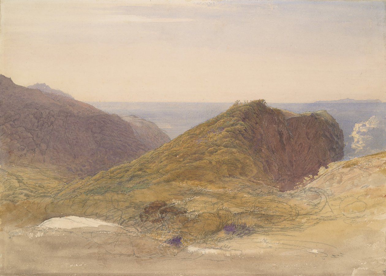 在德文郡的北海岸，远处的朗迪岛，约1835年。 作者 塞缪尔·帕尔默（Samuel Palmer）