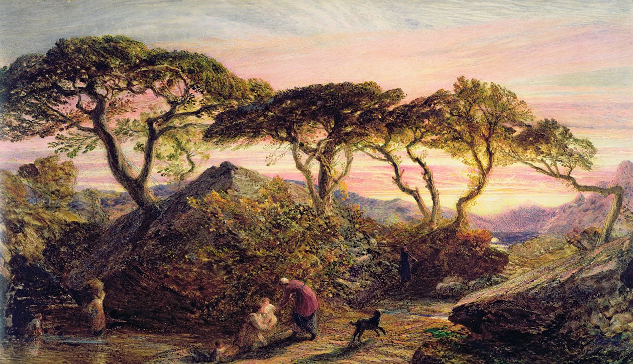 日落（纸上的水彩和水粉画） 作者 塞缪尔·帕尔默（Samuel Palmer）