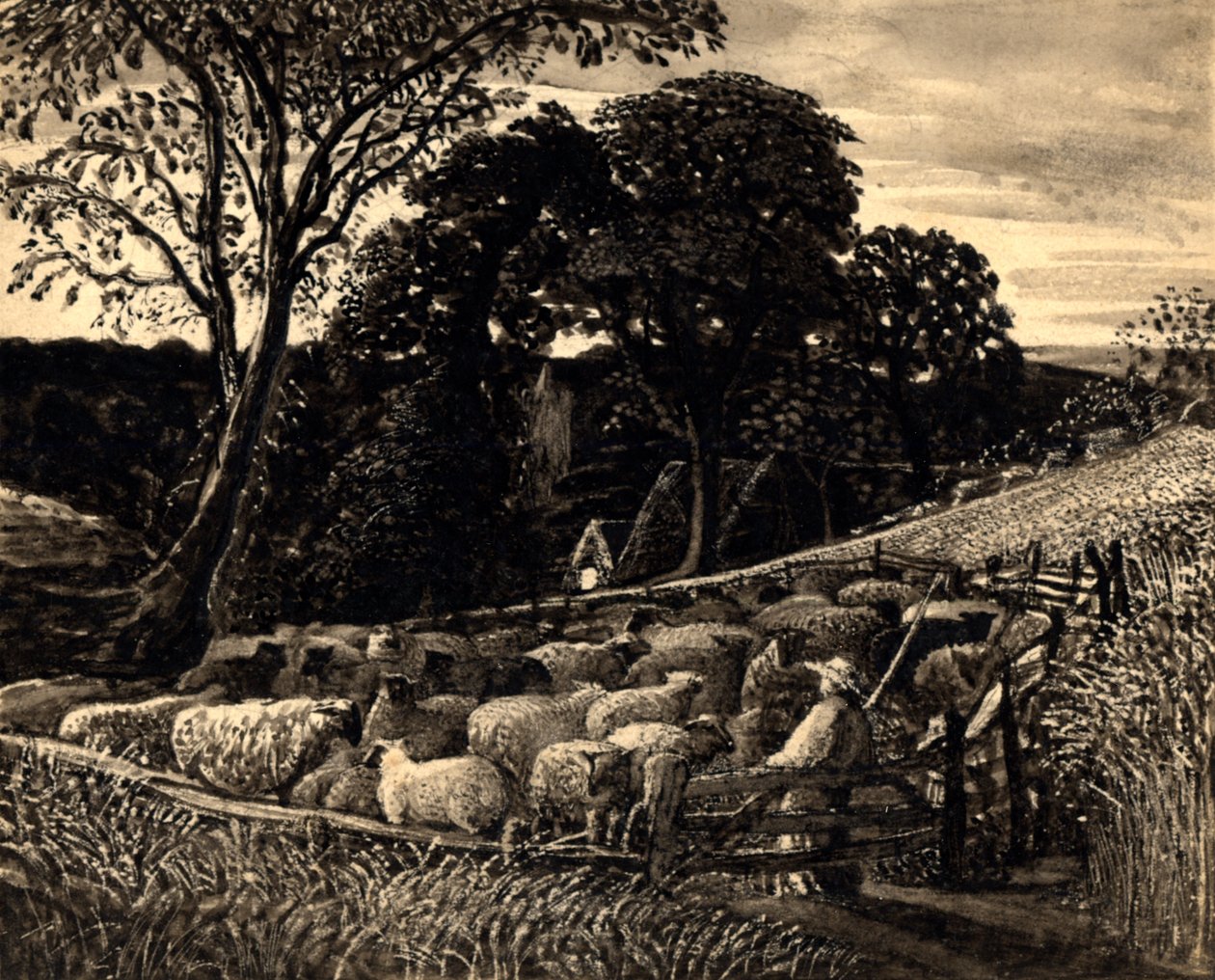 羊圈，c.1831-32（水彩） 作者 塞缪尔·帕尔默（Samuel Palmer）