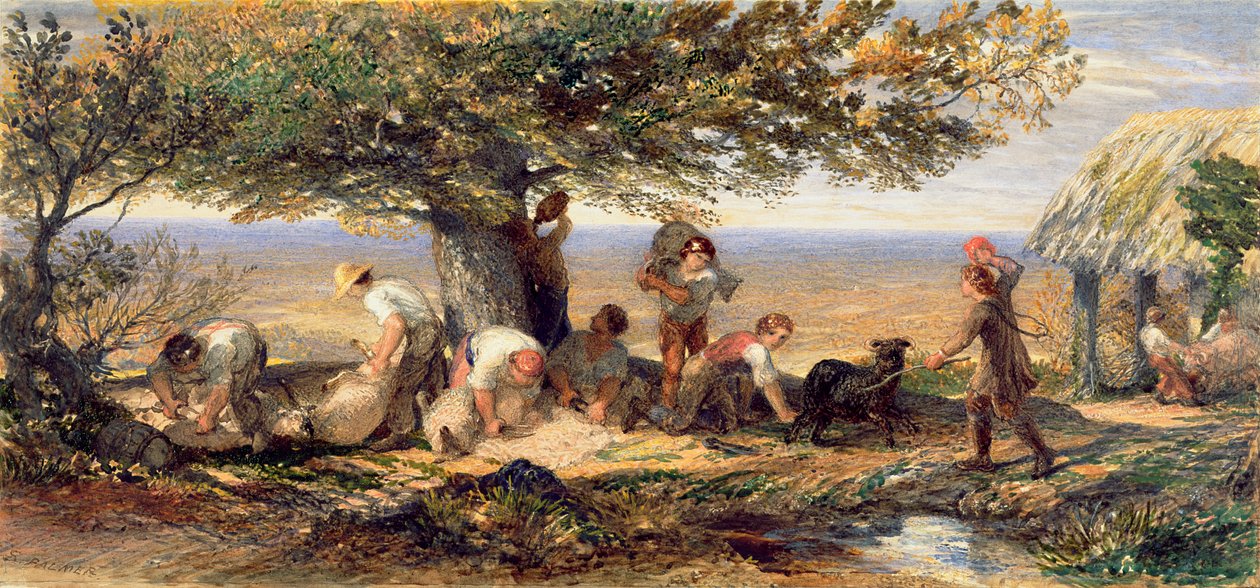剪羊毛者，c.1863（纸上铅笔痕迹上的水彩画和体彩） 作者 塞缪尔·帕尔默（Samuel Palmer）
