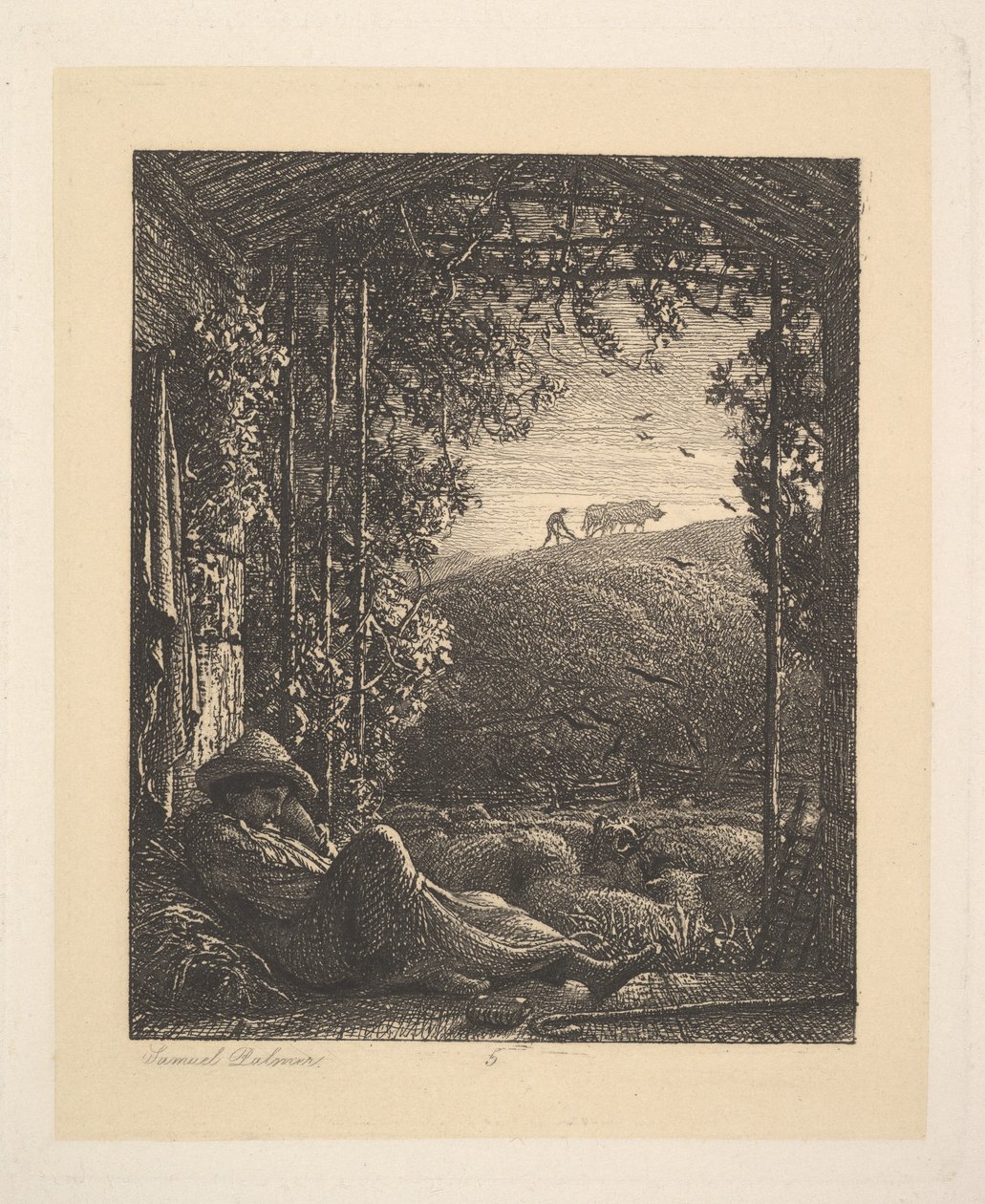 睡着的牧羊人，清晨，1857年。 作者 塞缪尔·帕尔默（Samuel Palmer）