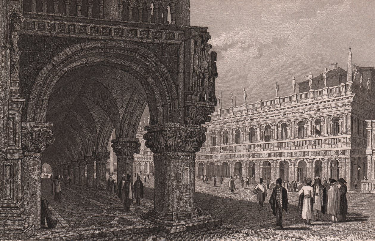 总督宫 (Palazzo Ducale) 拱廊的透视图，可看到圣马可广场和图书馆宫，威尼斯，威尼托，意大利，塞缪尔·普劳特 (Samuel Prout，1783-1852) 绘制后的钢雕刻，约 15x11.5 厘米 作者 塞缪尔·普鲁特
