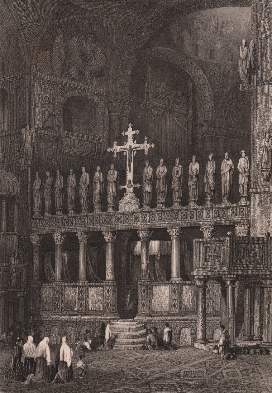 圣马可大教堂（Basilica di San Marco）的圣像，意大利威尼托威尼斯，由塞缪尔·普劳特（Samuel Prout，1783-1852）绘制后的钢雕刻，约 15x11.5 厘米 作者 塞缪尔·普鲁特