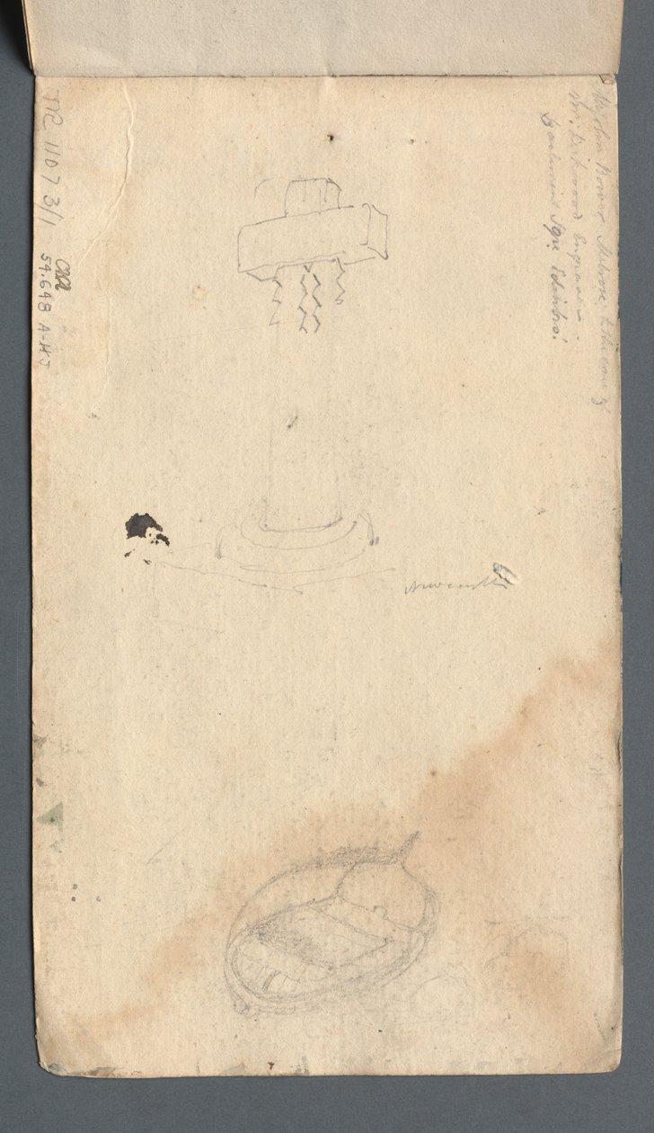 写生簿：背面有十字架和划艇的研究，1814年。 作者 塞缪尔·普鲁特