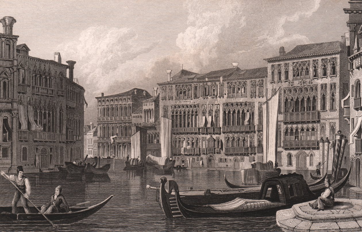 从大运河（Canal Grande）俯瞰意大利威尼托威尼斯的朱斯蒂尼安宫和福斯卡里宫（Ca