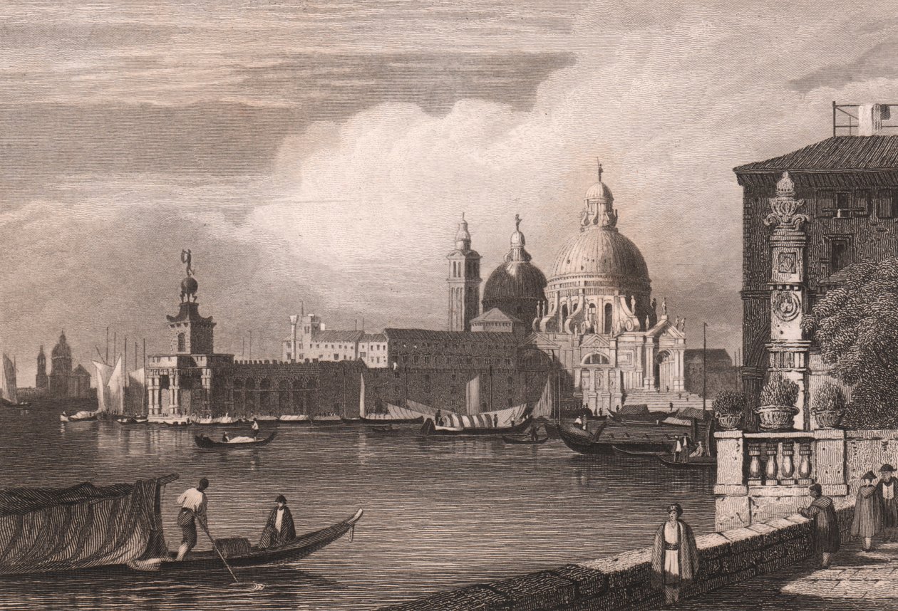 意大利威尼托，威尼斯，大运河（Canal Grande）景观，背景为 Punta della Dogana 和 Basilica di Santa Maria della Salute，根据 Samuel Prout（1783-1852 年）的绘画绘制的钢板雕刻，约 15x11.5 厘米 作者 塞缪尔·普鲁特