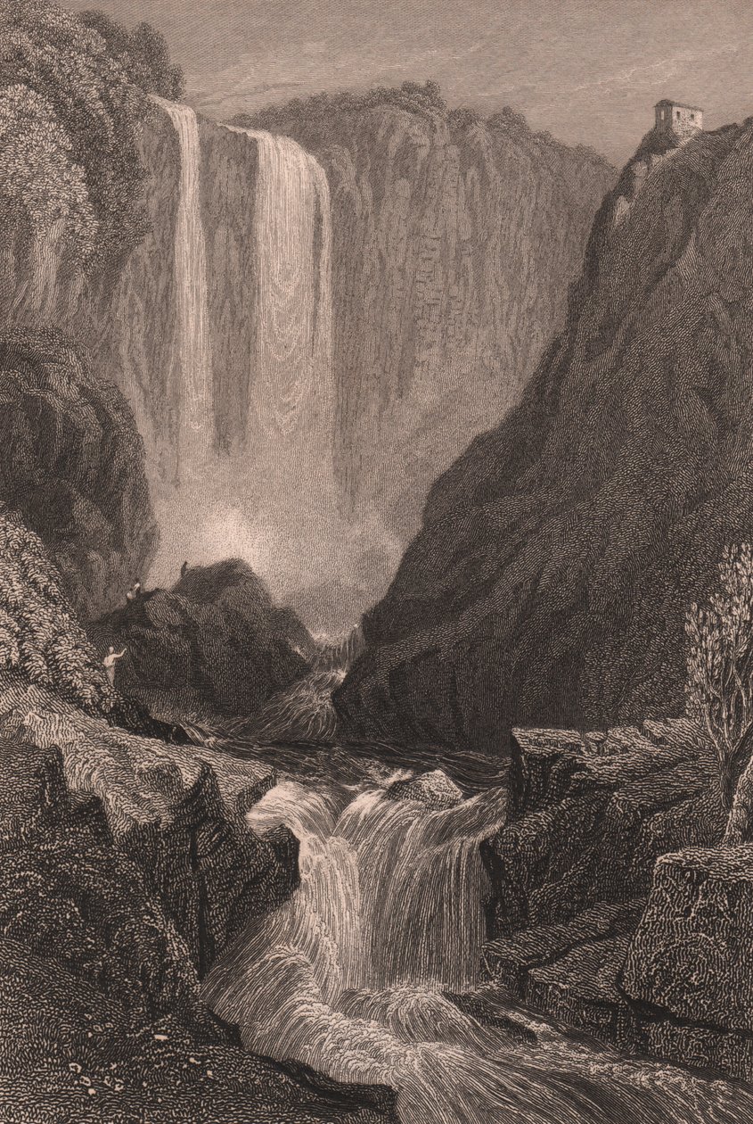 意大利翁布里亚特尔尼附近的马尔莫尔瀑布 (Cascata delle Marmore) 景观，由 Samuel Prout（1783-1852 年）绘制后的钢雕刻，约 15x11.5 厘米 作者 塞缪尔·普鲁特