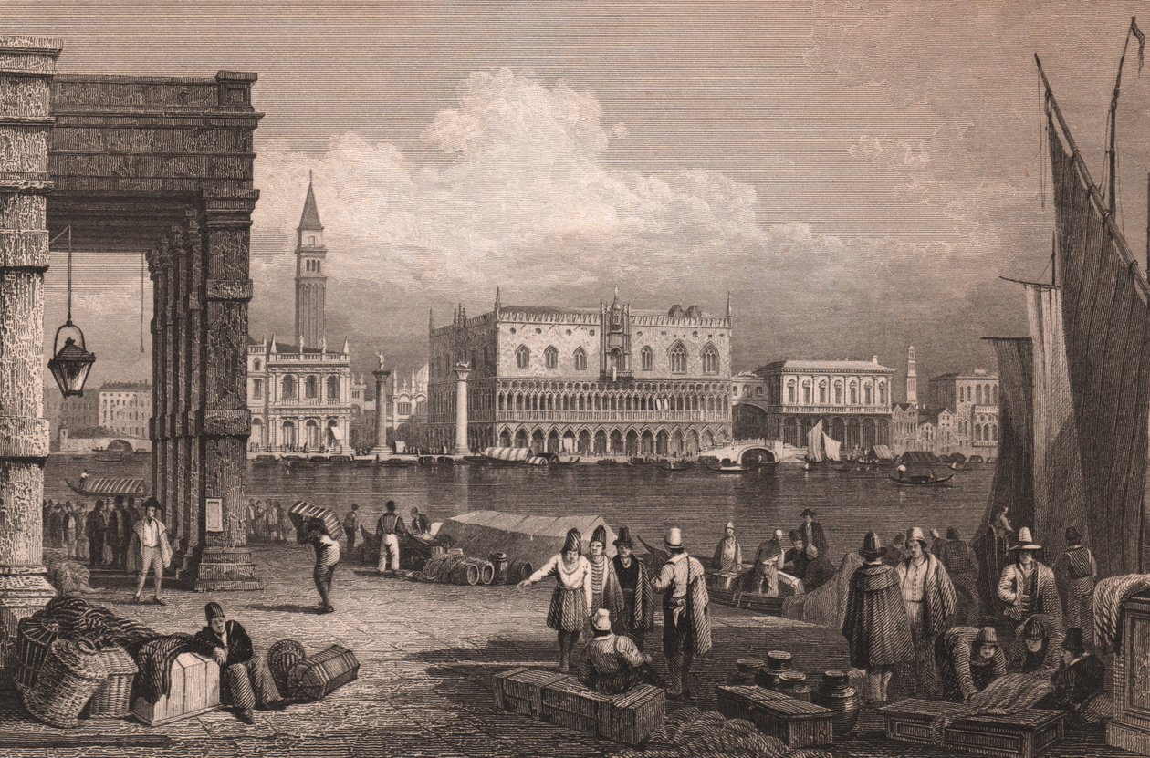 意大利威尼托威尼斯圣马可盆地景观，由塞缪尔·普劳特（Samuel Prout，1783-1852 年）绘制后的钢雕刻，约 15x11.5 厘米 作者 塞缪尔·普鲁特