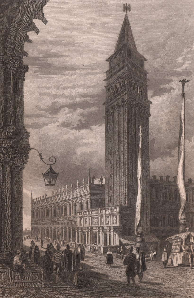 意大利威尼托威尼斯圣马可钟楼视图，由塞缪尔·普劳特（Samuel Prout，1783-1852 年）绘制后的钢雕刻，约 15x11.5 厘米 作者 塞缪尔·普鲁特